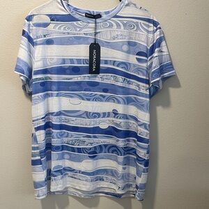 Nona Cora Men’s Blue & White Wave-Stripe Short Sleeve Tee